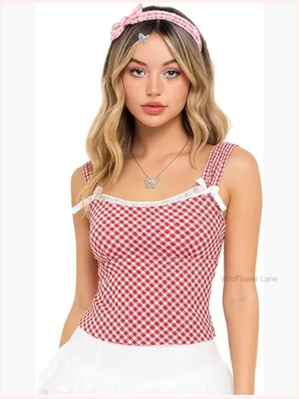 Gingham Square Neck Tank Top - Sleeveless Cute Cami